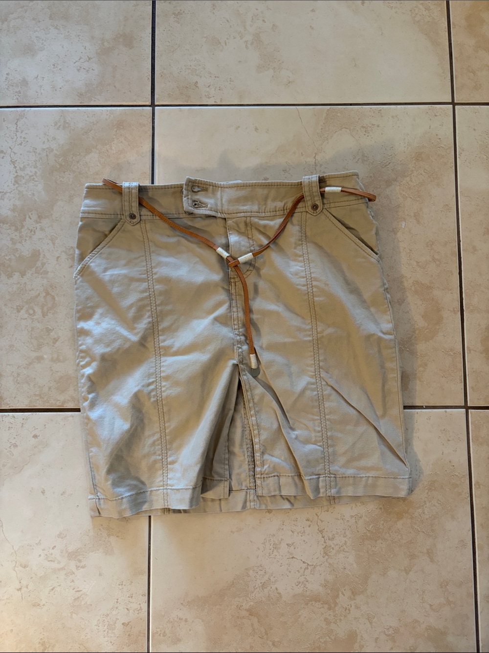 American Eagle Outfitters Tan Flat-Front Shorts with Brown Drawstring
